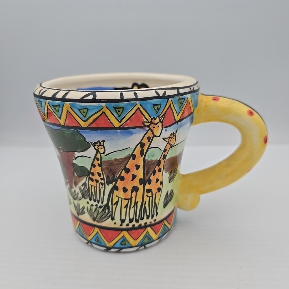 Vintage Hand Painted Giraffes, Elephants African Animal Coffee Mug
